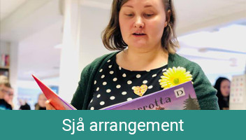 Foto av dame som les høgt frå ei bok, med lenke til arrangementskalenderen til Stad bibliotek.